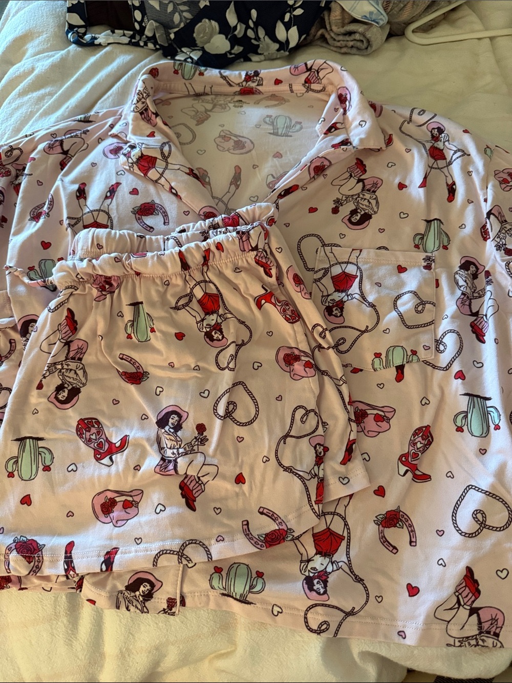 Celebrate It Pink Cowgirl Print Pajama Set with Red and Green Accents